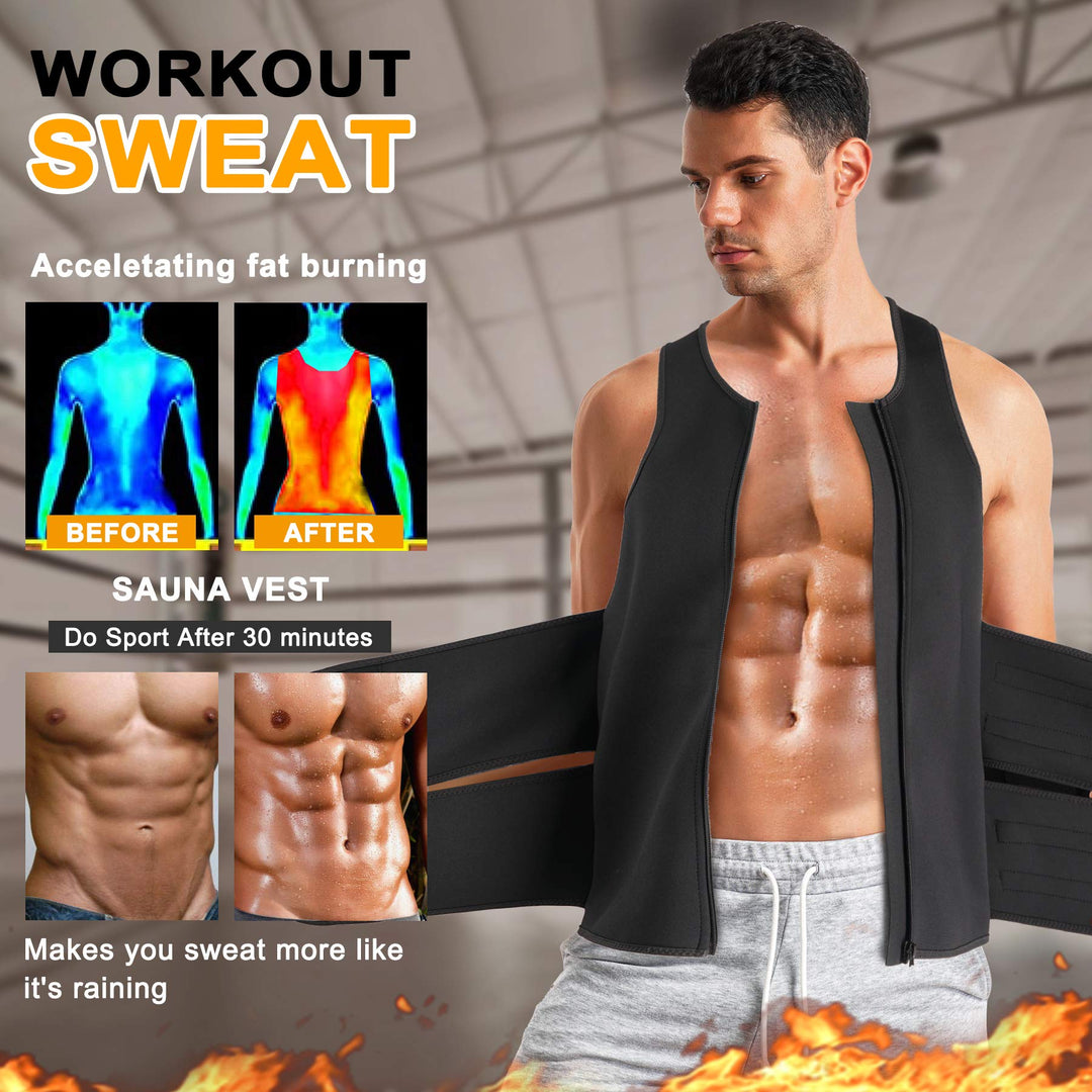 Men Hot Sweat Vest Neoprene Sauna Suit Waist Trainer Zipper Body Shaper with Adjustable Workout Tank Top (Black, Large)