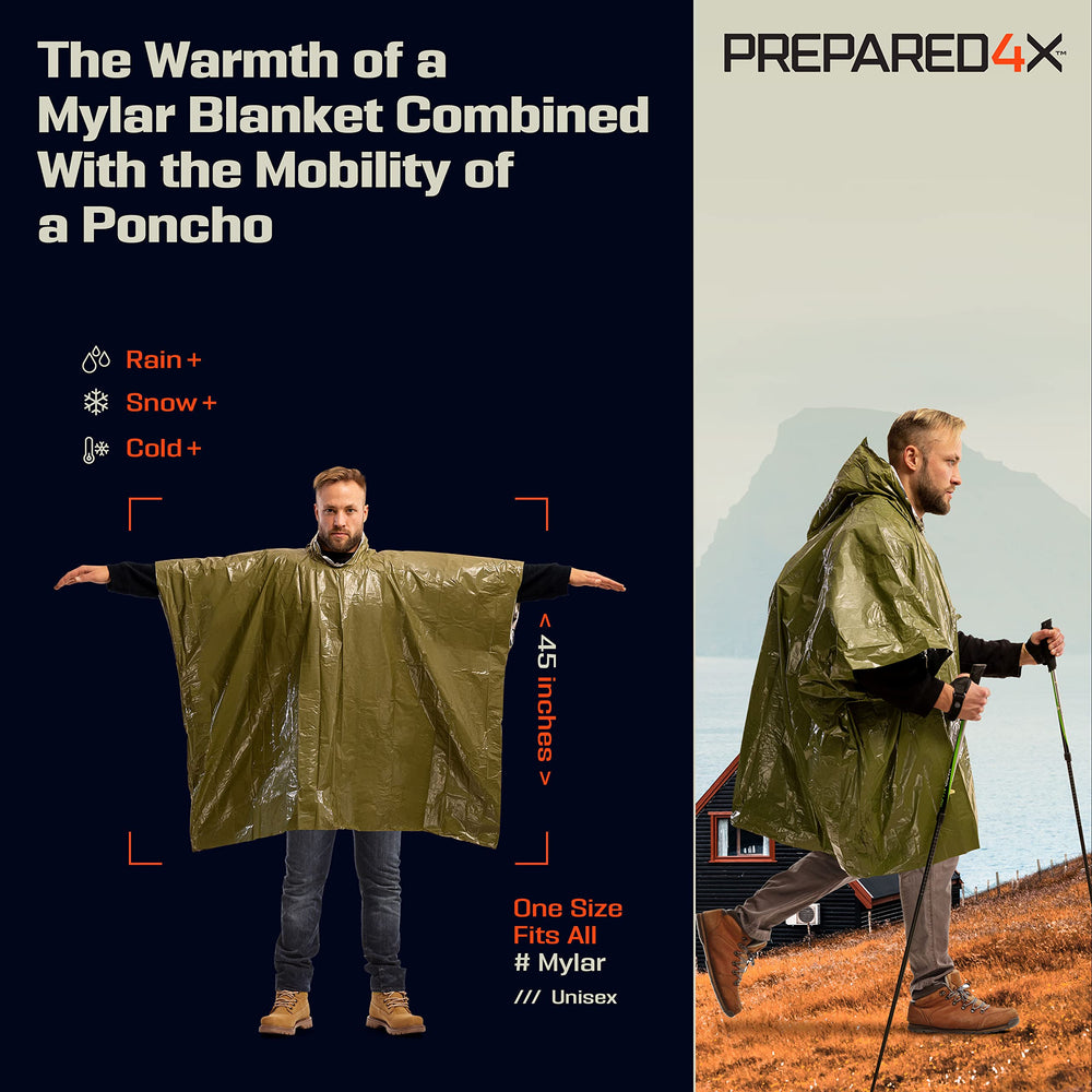 Emergency Poncho with Mylar Blanket Liner – Heavy Duty, Waterproof, Wind-Resistant Green Rain Poncho for Outdoors, Camping, and Car Emergency Kits - Thermal Poncho - 4 Pack (Green)