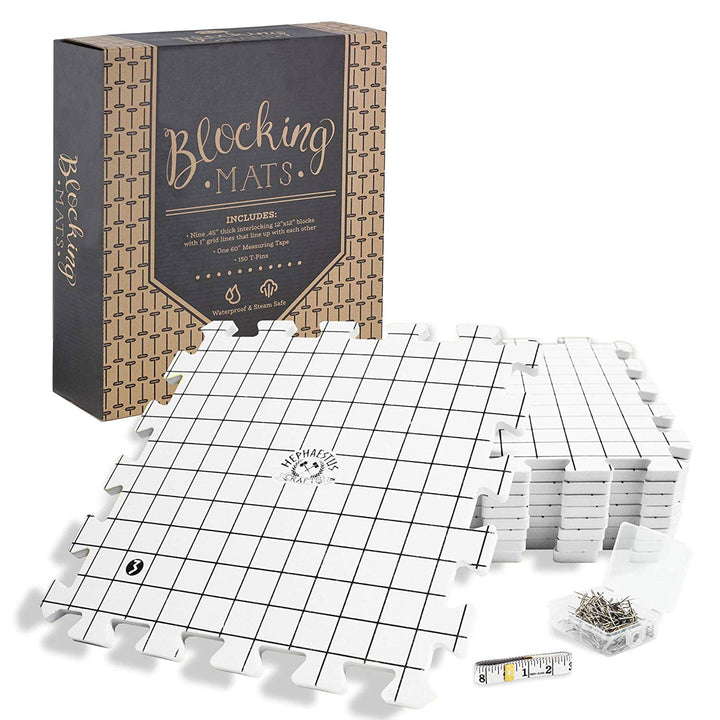 Crafts Blocking Mats for Knitting - Pack of 9 GRAY Blocking Boards with Grids for Needlepoint or Crochet. 150 T-pins