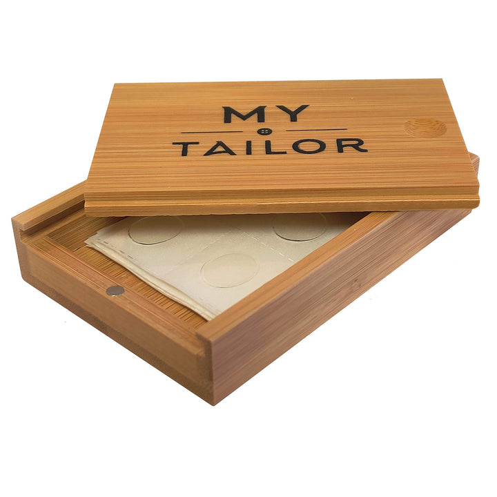 Collar Stay Stickers for Men &amp; Women - Double Sided Tape For Fashion - Shirt, Tie &amp; Belt Anchor - Shirt Button Repair - With Magnetic Luxury Bamboo Storage Box (66 Pack)