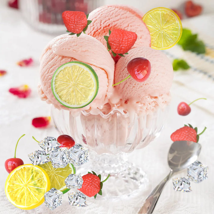 70 Pcs Fake Fruits Ice Cube Set, Include 10 Artificial Lemon Slice 10 Simulation Cherries 5 Fake Strawberry 45 Fake Crushed Ice and Ice Cubes for Home Kitchen Decoration