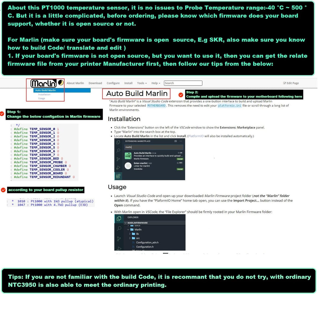 BCZAMD PT1000-550BW Temperature Sensor Probe for CR-10 Plating Copper/3D Volcan/ V6 Brass 3D Printer Heater Block Thermistor Sensor Probe Resistant to high Temperature 1.5M/ 59 inch
