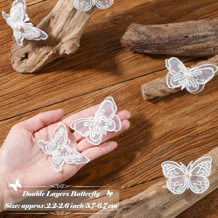 20 Pieces Lace Butterfly Applique Double Layers Butterfly Embroidered Patches Butterfly Pearl Appliques for Sewing Craft DIY Clothes Dress Hair Ornaments Wedding Decor (Stylish Style)