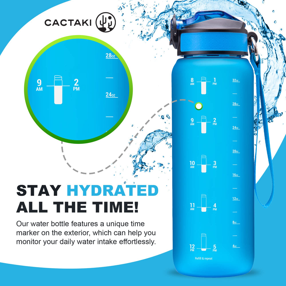32 oz Water Drinking Bottle with Time Marker, Straw & Strap - Stay Hydrated - Hydration Tracker & Reminder to Drink - Daily & Hourly Measurement Markings - Leak Spill Proof & BPA Free - Grey