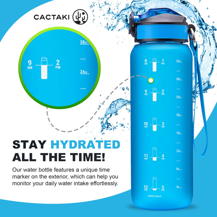 32 oz Water Drinking Bottle with Time Marker, Straw &amp; Strap - Stay Hydrated - Hydration Tracker &amp; Reminder to Drink - Daily &amp; Hourly Measurement Markings - Leak Spill Proof &amp; BPA Free - Grey