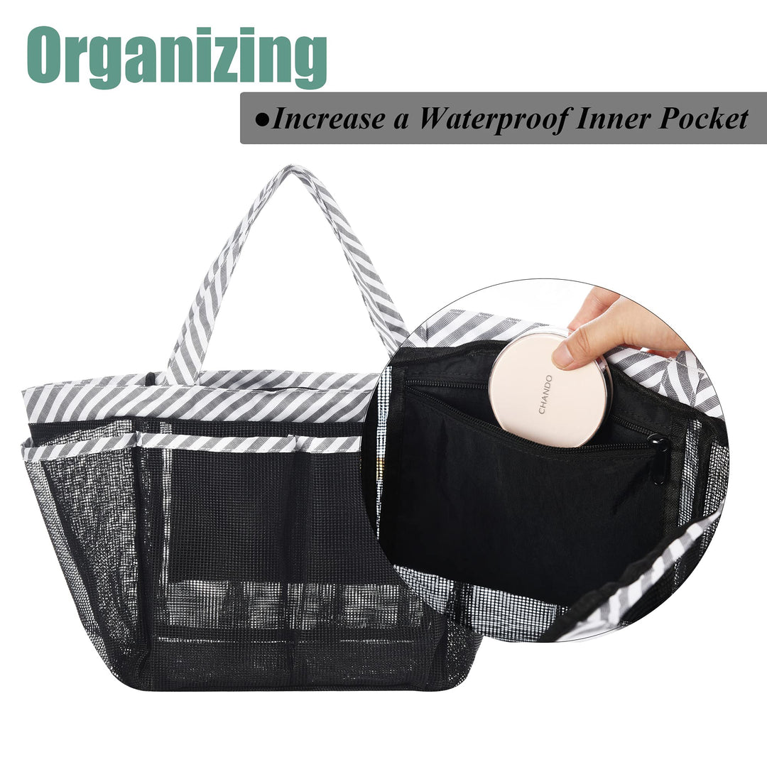 Mesh Shower Caddy Tote with Waterproof Inner Bag, Extra Large Black Portable Shower Caddy for College Dorm Bathroom Camp, 8 Basket Pocket