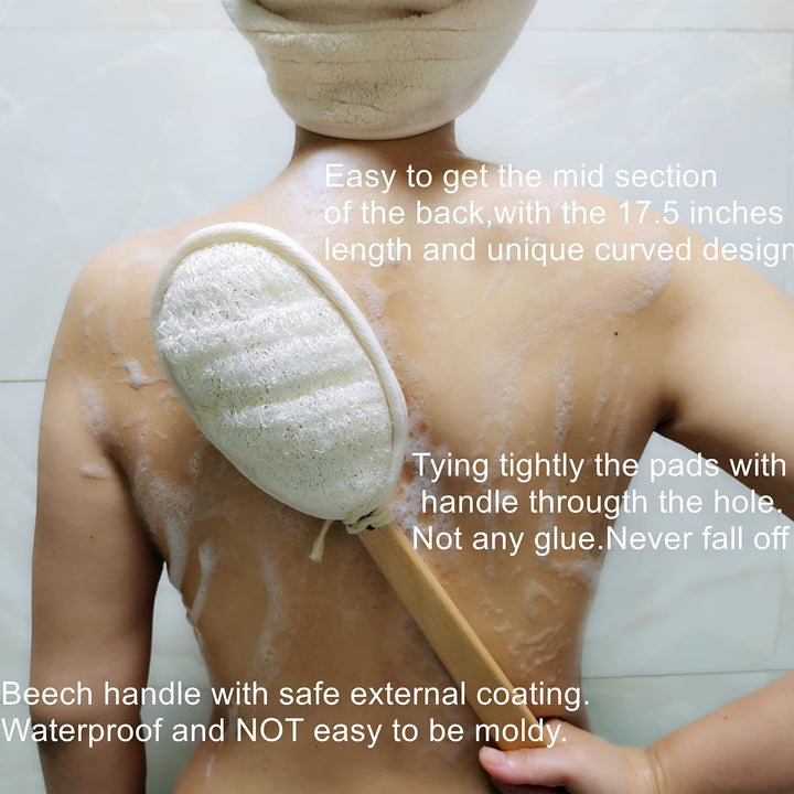 Aha&amp;Lucky Shower Body Brush with Double Side Natural Exfoliating Loofah,Ergonomic Designed 17inches Long Beech Handle for Back Scrubber