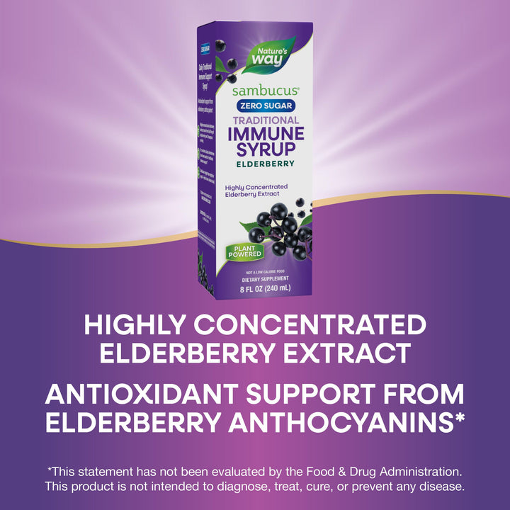 Nature’s Way Sambucus Zero Sugar Traditional Immune Syrup, Highly Concentrated Black Elderberry Extract, Traditional Immune Support*, Sugar-Free, Berry Flavored, 8 Fl Oz (Packaging May Vary)