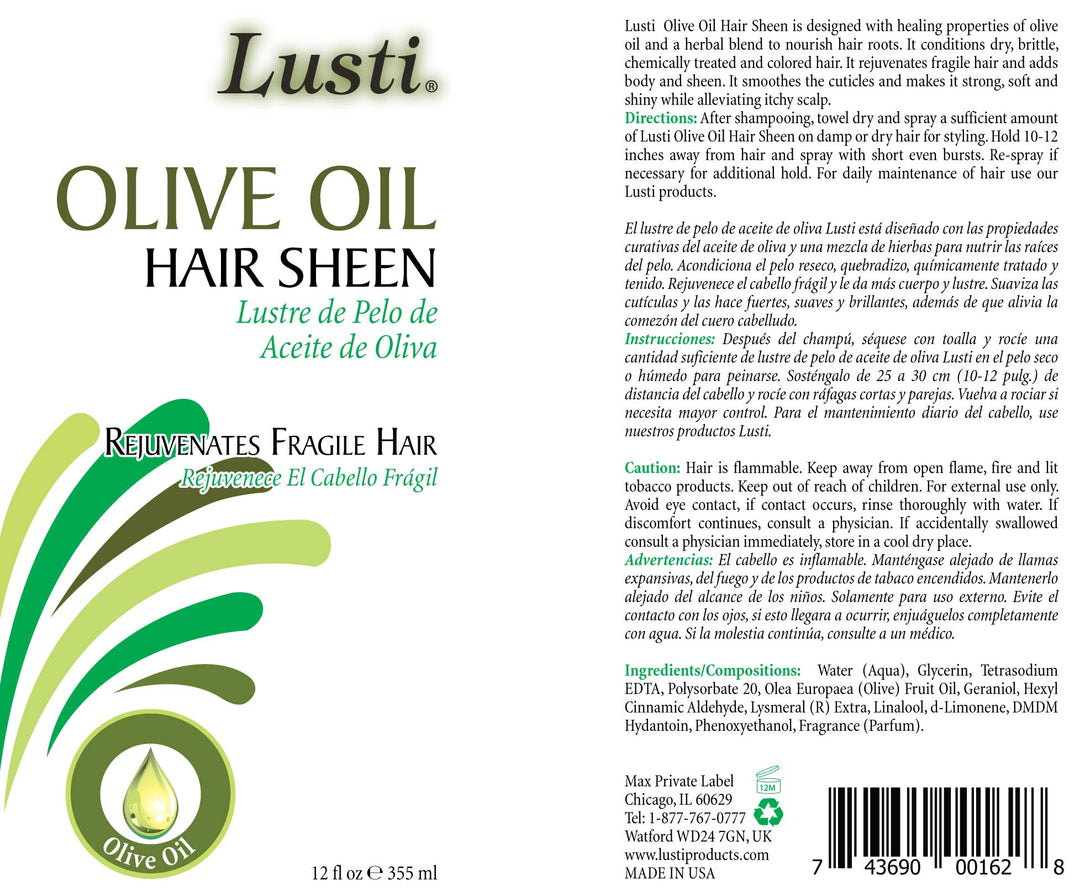 LUSTI ORGANICS OLIVE OIL HAIR SHEEN 12 FL OZ