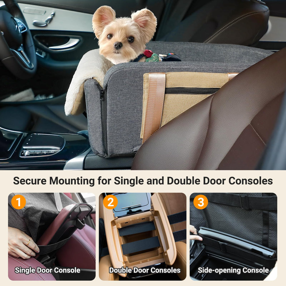 Portable Console - Dog Cat Booster Seat on Car Armrest, Washable Safety Tethers