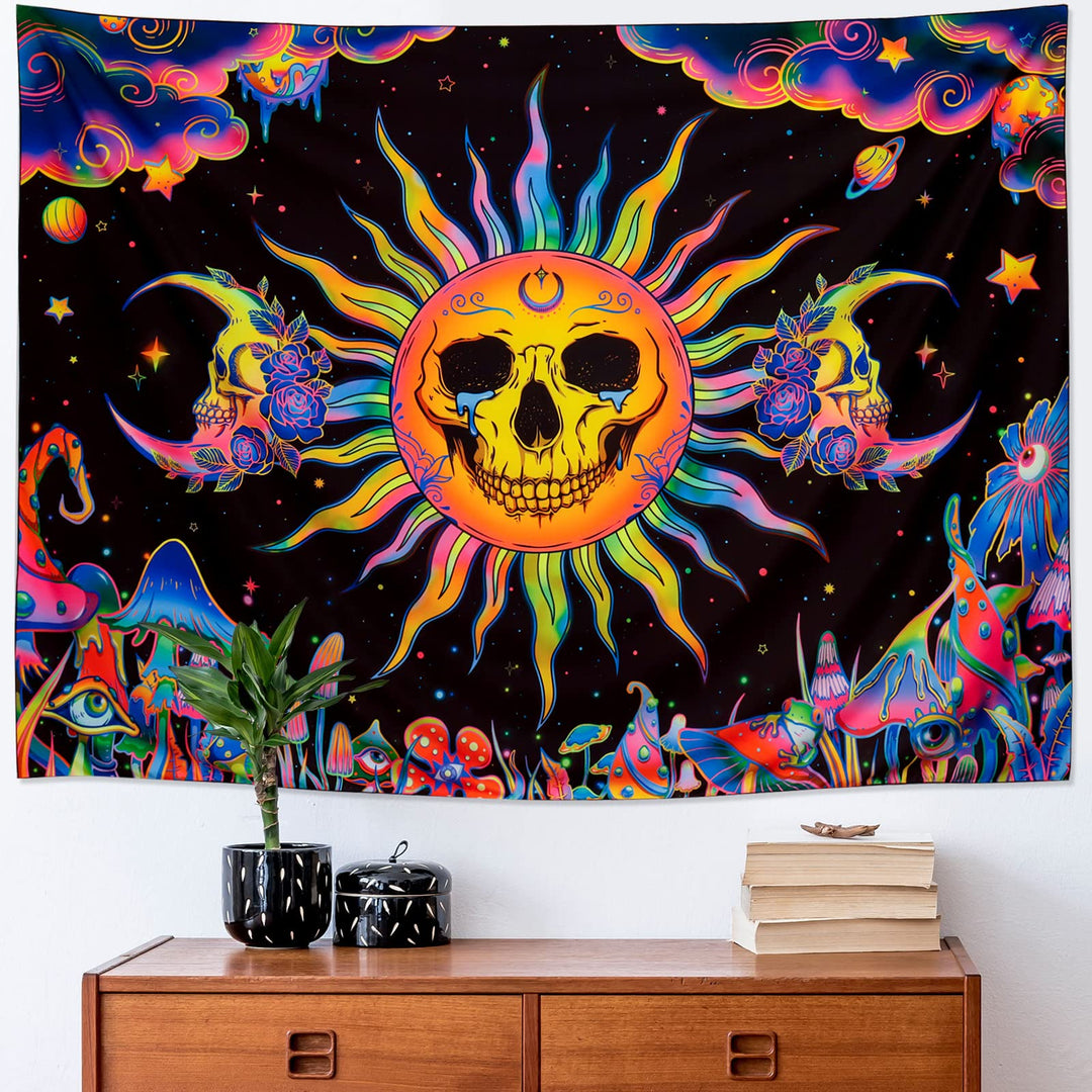 Blacklight Sun and Moon Tapestry UV Reactive Burning Sun Skull Mushroom Tapestry Neon Galaxy Poster Tapestry Art for Home Dorm Decor W59.1 × H51.2
