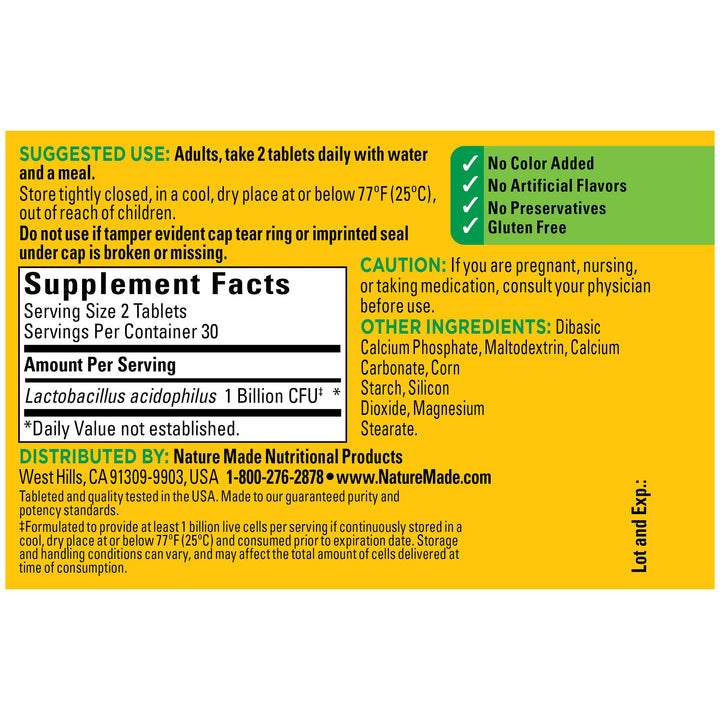 Nature Made Acidophilus Probiotics, Dietary Supplement 