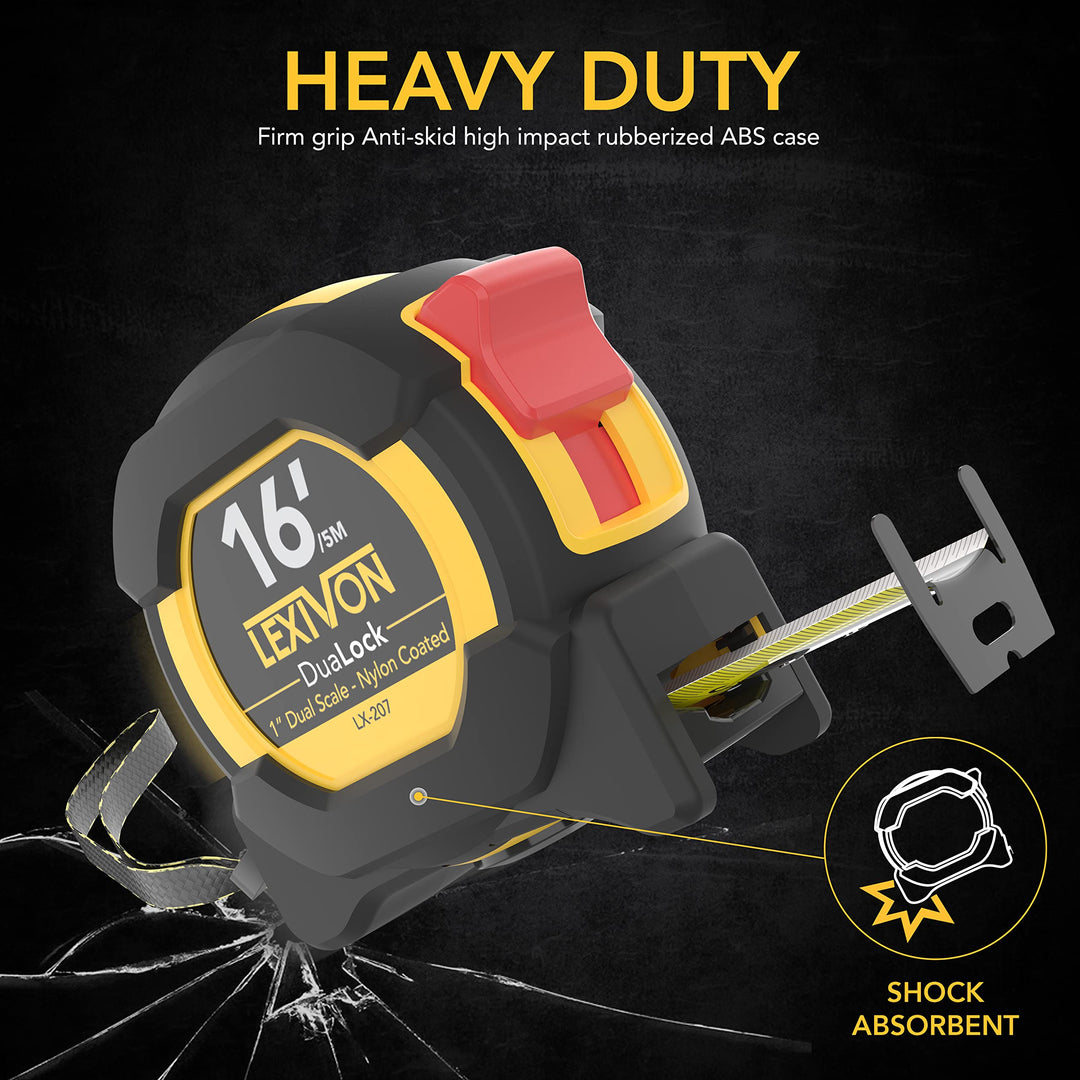 16Ft/5m DuaLock Tape Measure | 1-Inch Wide Blade with Nylon Coating, Matt Finish White &amp; Yellow Dual Sided Rule Print | Ft/Inch/Fractions/Metric (LX-207)