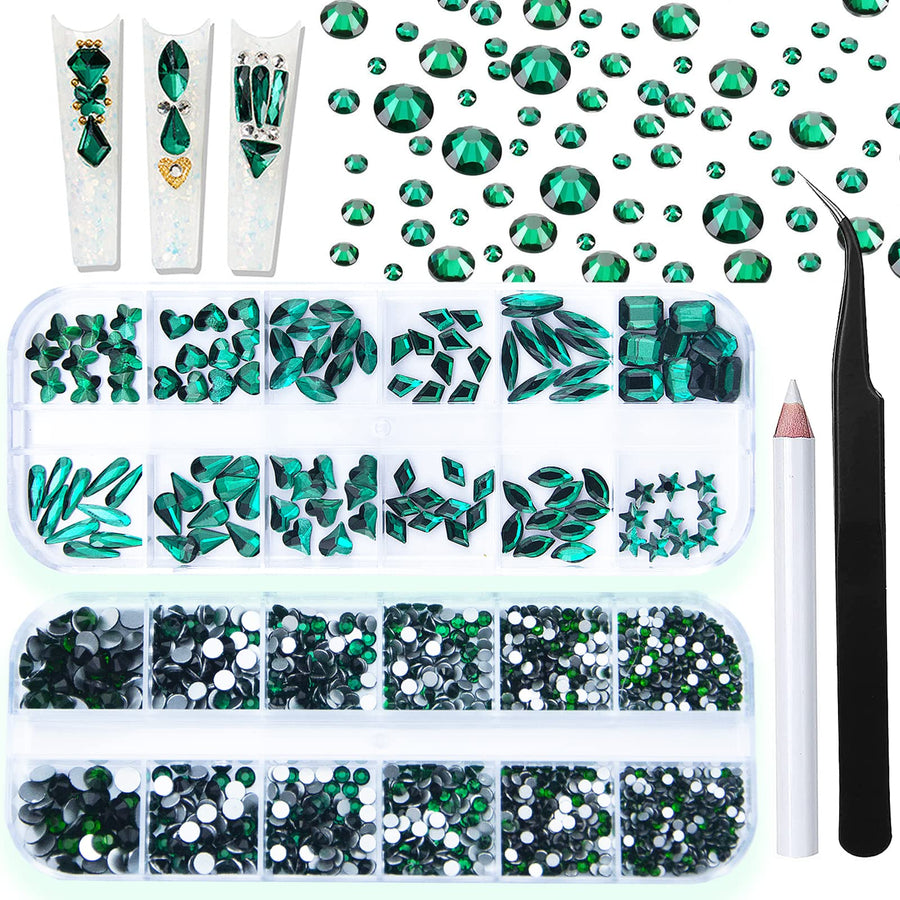 1920Pcs Emerald Green Rhinestones for Nails, Green Flatback Rhinestones Gems Crystals Glass Stones Multi Shapes Sizes Nail Rhinestones with Tweezers Pen for Nail DIY Crafts Clothes Shoes Jewelry
