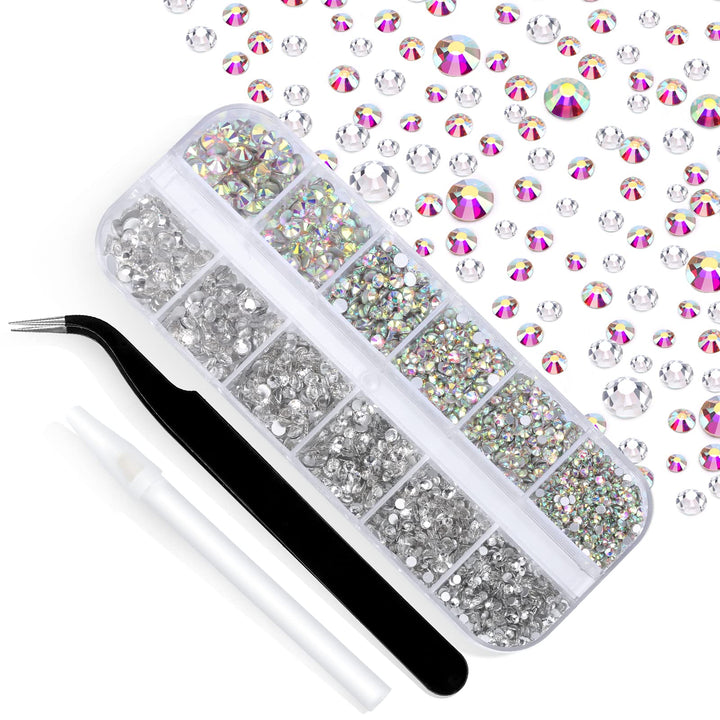 3792 Pcs Glass Crystals Rhinestone for Nail Art Crafts,6 Size(2mm-4.6mm) Nail Gems Flatback Rhinestone,Jewels Diamonds Stone Kit with Picking Pen and Tweezers(White+White AB)