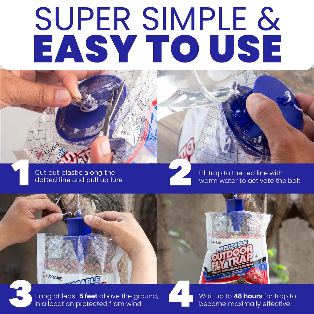 Fly Trap Outdoor Hanging Fly Catcher. 4 Pack Disposable Outdoor Fly Bags with Fly Bait Repellent and Blue Fly Attractant Lure. Fly Trapper Helps Control Horse Flies in Barns or Ranch