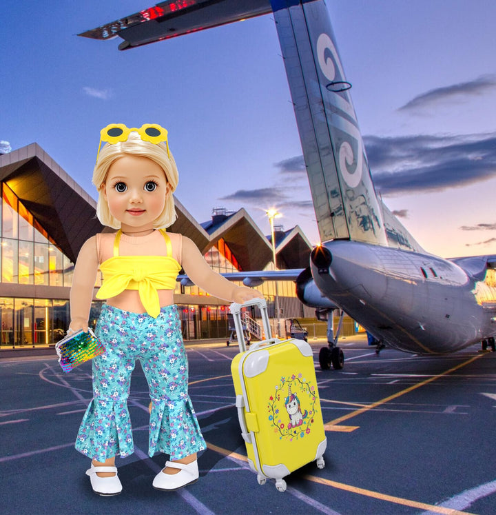 Doll Clothes and Accessories 18 Inch Doll Travel Set with Unicorn Printed Luggage Suitcase Fit for 18 inch Girl Doll,Most 18 Inch Dolls(No Doll)