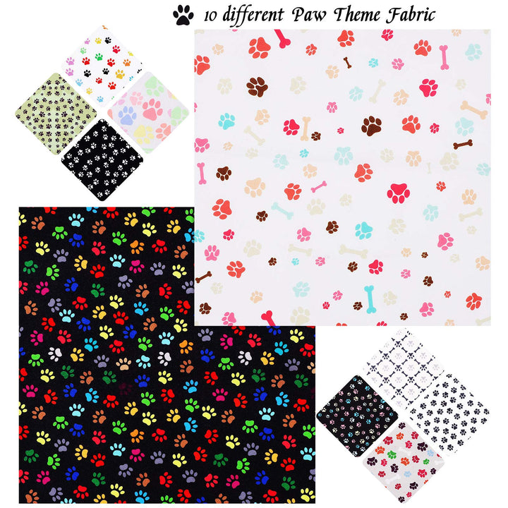 10 Pieces Paws Fabric Cute Paw Prints Squares Paw Print Fabric Fat Quarters Sewing Fabric Animal Footprint Puppy Cat Bone Printed Fabric for DIY Crafts Supplies (10 x 10 Inch)