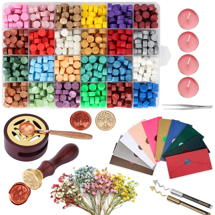 Sealing Wax Kits, 643pcs Wax Seal Beads with Gift Box, Wax Seal Stamp, Melting Furnace, Melting Spoon, Envelopes/Tealight Candles/Wax Stamp/Metallic Pen for Envelope Stamp (B)