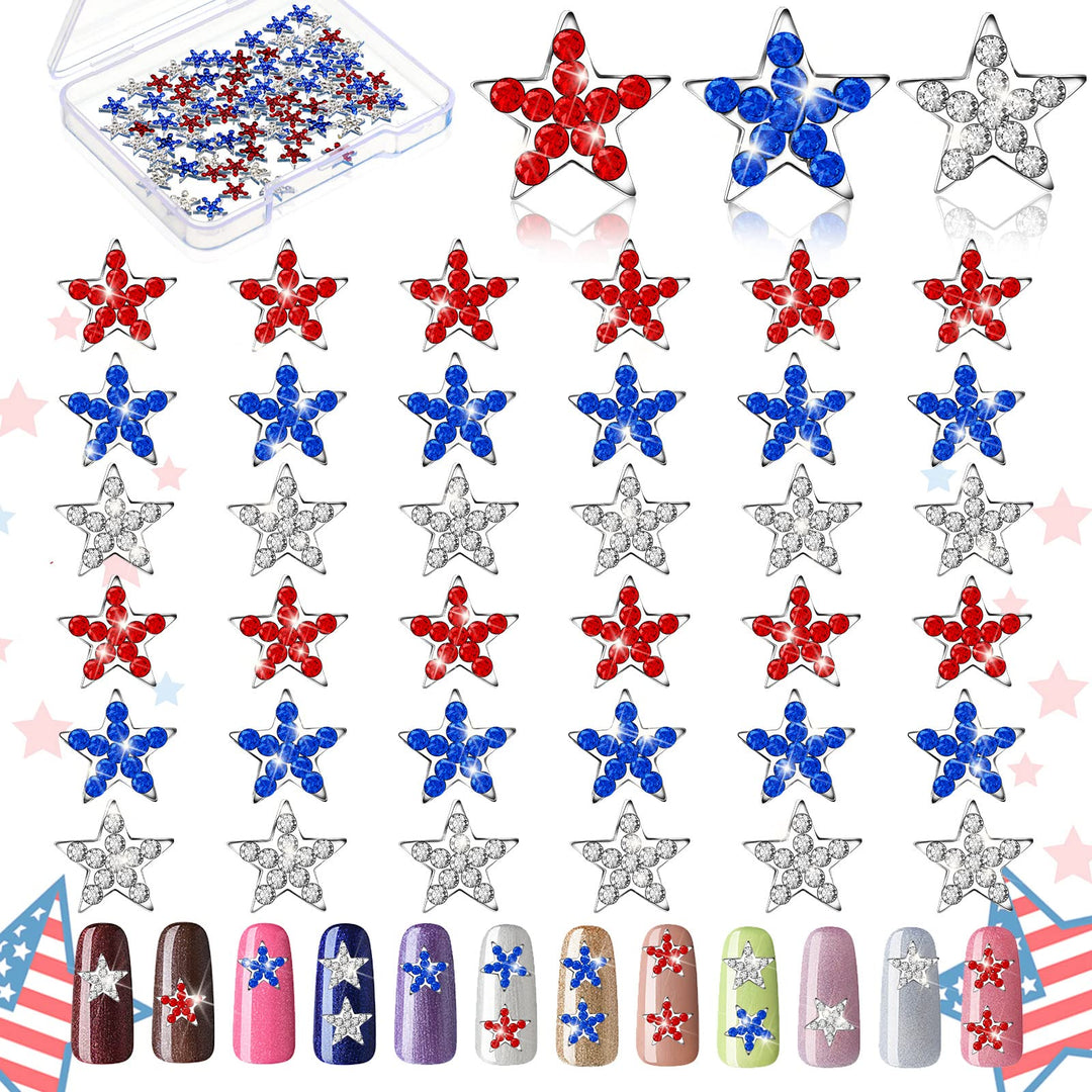 36 Pieces 4th of July Patriotic Star Nail Charms 3D Nail Charm Independence Day Nail Charm Rhinestone Red Blue Star Nail Rhinestones for Women DIY Nail Accessories (Basic Style)