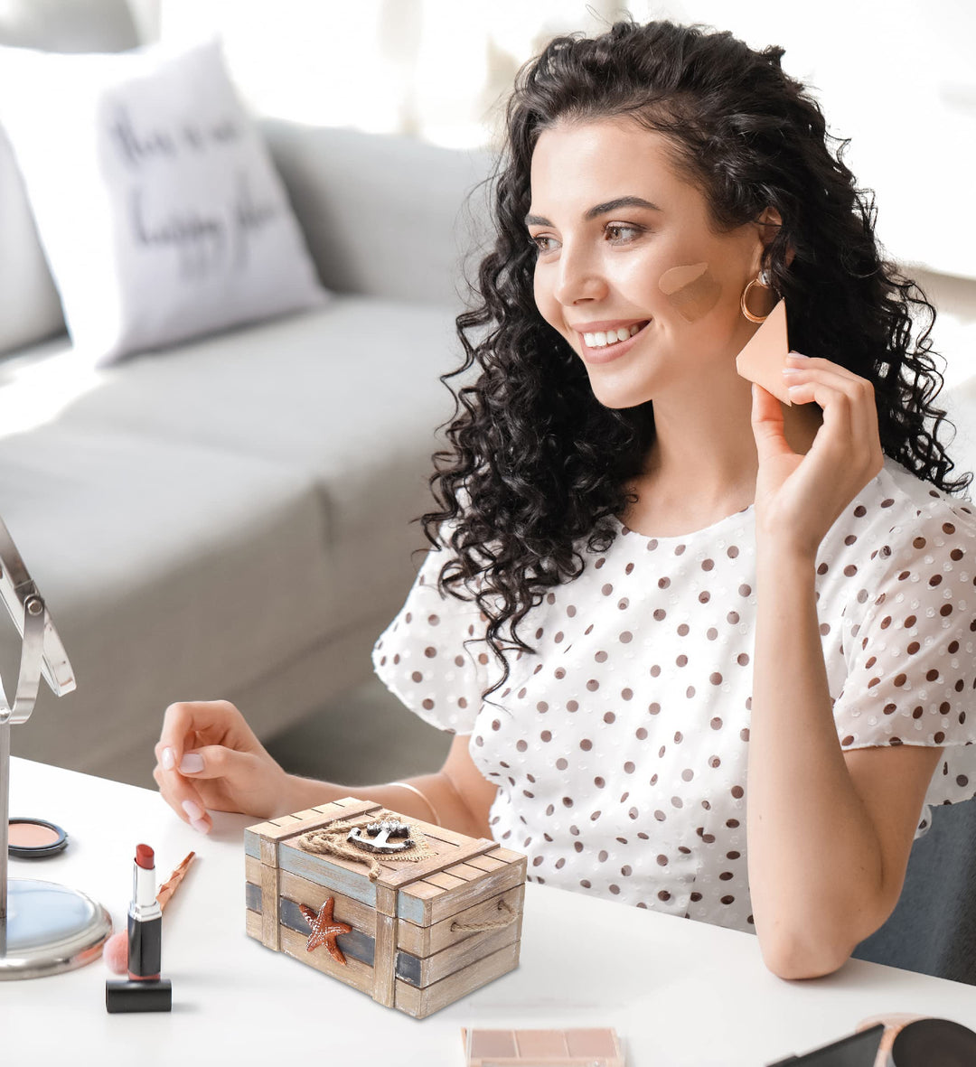 Neptune Wooden Jewelry Box - Handcrafted Nautical Trinket Wooden Box with Starfish and Boat Anchor, Decorative Box With Hinged Lid for Beach Home Decor, Beach Souvenirs - 6.5 Inches