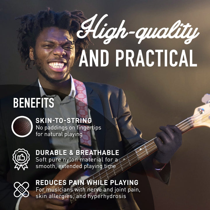 Musician&#39;s Practice Glove - 2-Pack Guitar Gloves for Men and Women, Fingertip Protectors for Playing String Instruments, Hand Issues and More, Nylon Thin Gloves for Indoor/Outdoor Gigs, Small, Black