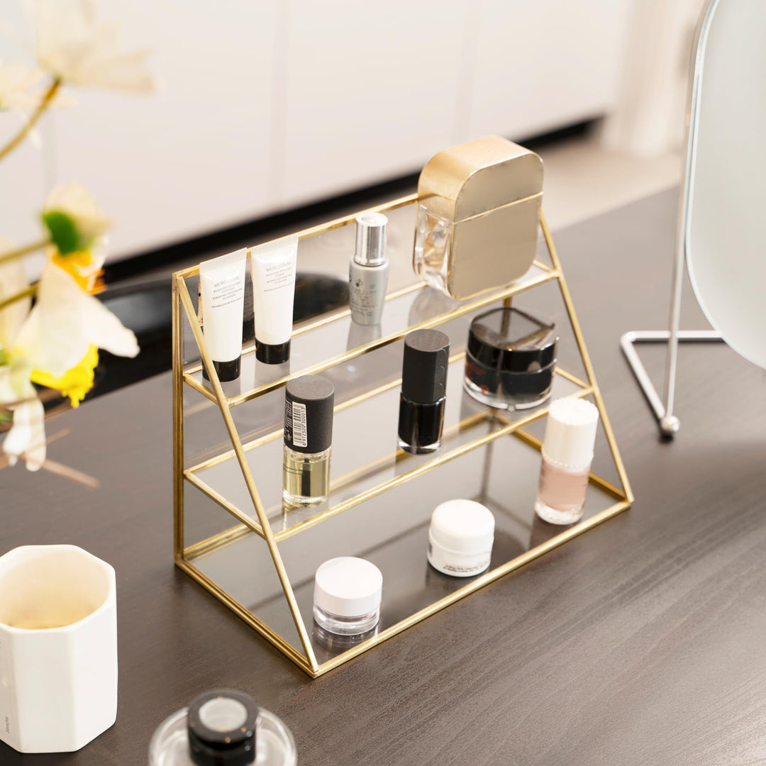 Gold Makeup Organizer Case Vanity, 3 Layers Glass Makeup Storage Cosmetics Organizer Earring Ring Holder Display Case