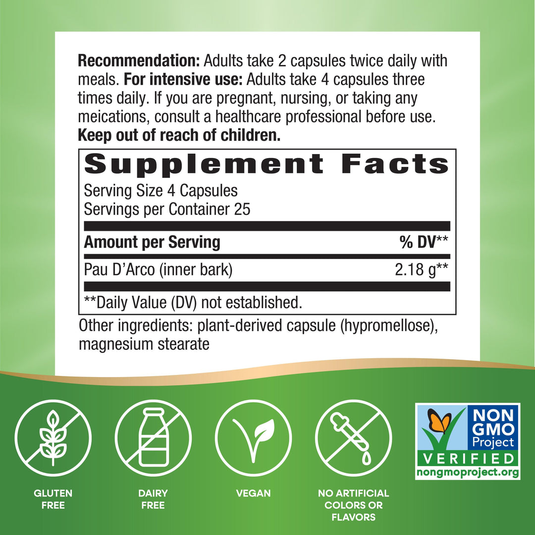 Nature&#39;s Way Pau d&#39;Arco Inner Bark, Traditional South American Herb, 2,180 mg per 4-Capsule Serving, Non-GMO Project Verified, 100 Capsules (Packaging May Vary)