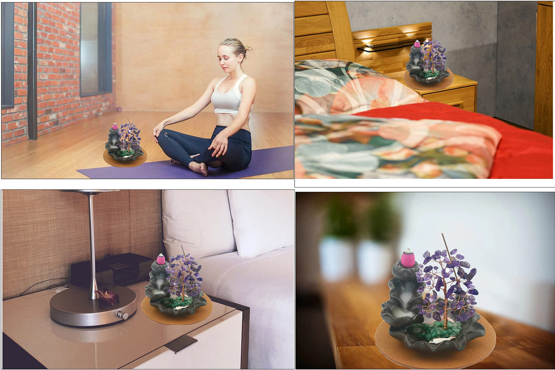 Ceramic Waterfall Incense Burner, Money Tree Backflow Holder Healing Crystal Stone, with 30 Cones + Stick for Yoga Meditation Home Zen Decoration(Amethyst)