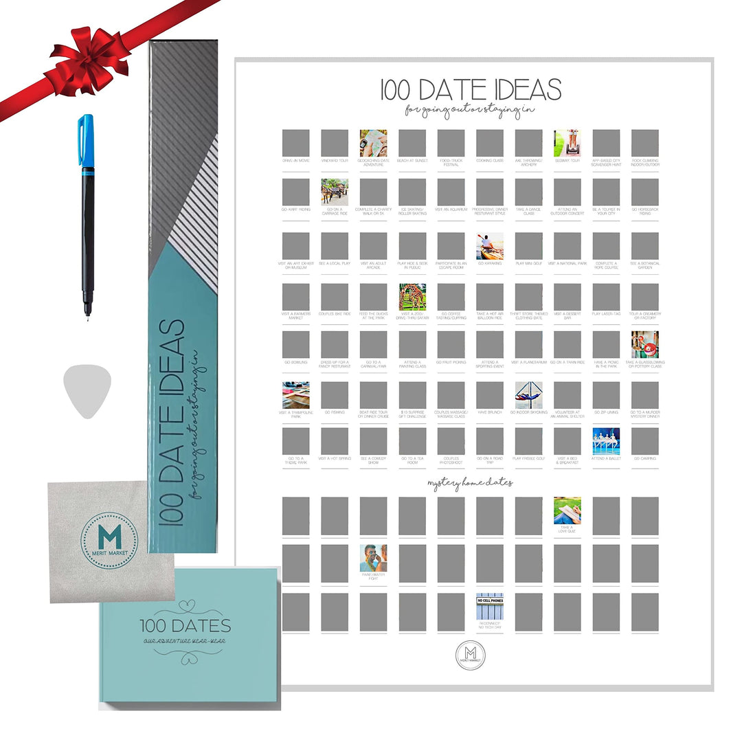 100 Dates Scratch Off Poster for Couples, Couples Bucket List, Date Night Ideas, Gifts, Book Wedding Poster, Engagement w/ Fine Tip Marker (16.14” x 23.25”) - High Gloss White