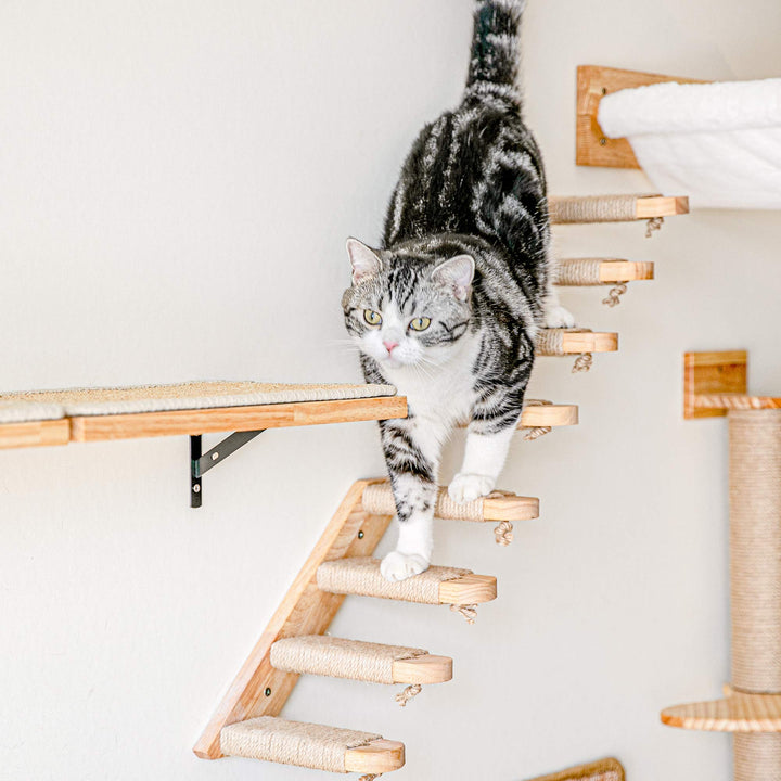 Cat Climbing Shelf Wall Mounted, Four Step Cat Stairway with Jute Scratching for Kitten Perch Platform Walls Furniture - Left to Right