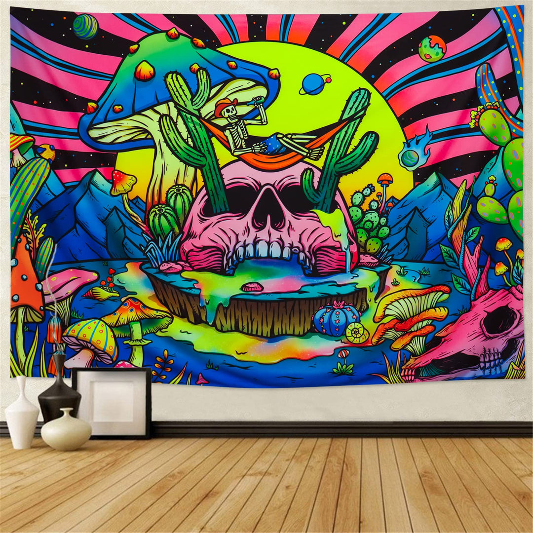 Amonercvita Blacklight Skull Tapestry UV Reactive Mushr