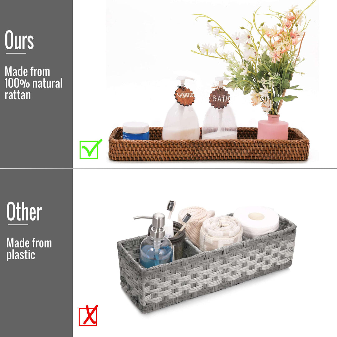 Rattan Toilet Tank Basket Guest Towel Holder for Serving Organizing Bread Shelves 17&#39;&#39; x 6&#39;&#39; x 2&#39;&#39; Bathroom Counter and Storage Decorative Wicker Tray (17 x 6 x 2 inches, Dark Brown)