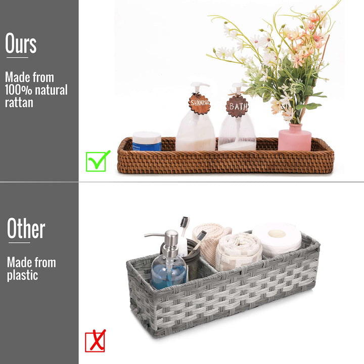 Rattan Toilet Tank Basket Guest Towel Holder for Serving Organizing Bread Shelves 17&#39;&#39; x 6&#39;&#39; x 2&#39;&#39; Bathroom Counter and Storage Decorative Wicker Tray (17 x 6 x 2 inches, Dark Brown)