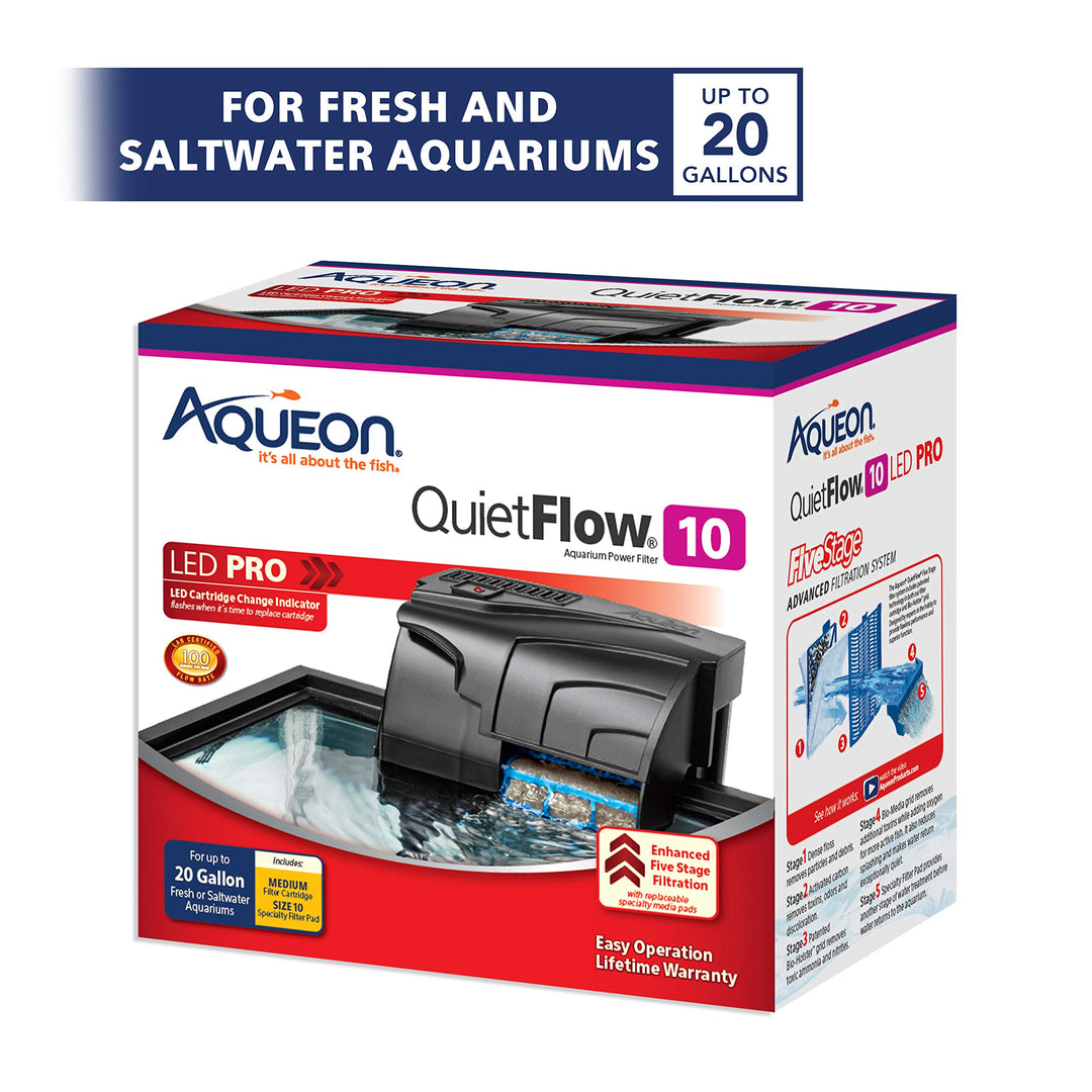 Aqueon QuietFlow 10 LED PRO Aquarium Fish Tank Power Filter For Up to 20 Gallon Aquariums