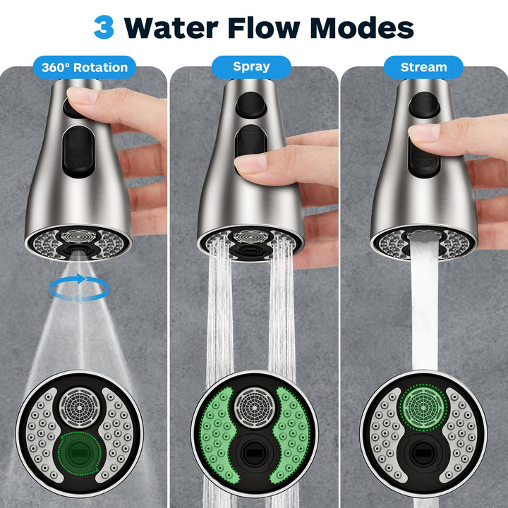 Kitchen Faucet Head Replacement 3 Modes with 12 Adapters, Pull Down Spray Head for Kitchen Faucet, Kitchen Sink Faucet Head G 1/2, Sprayer Head Replacement, Compatible with Moen,Delta, Kohler Faucets
