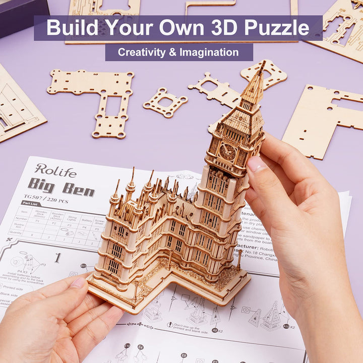 3D Wooden Puzzles for Adults Kids Big Ben -220 Pieces 3D Puzzle Wood London Architecture Model Craft Kits Birthday Gift for Teens/Adults Desk Decor