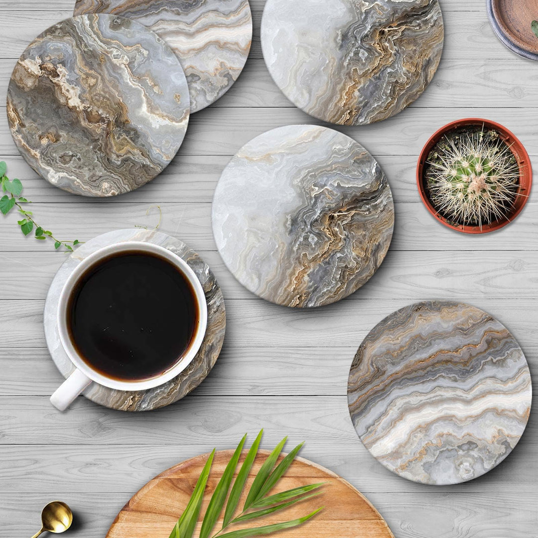 Coaster for Drinks Set of 6, Grey Marble Golden Stone Agate Table Absorbent Round Ceramic Stone Mat, with Cork Base and Metal Holder, Gift for Housewarming Room Bar Decor