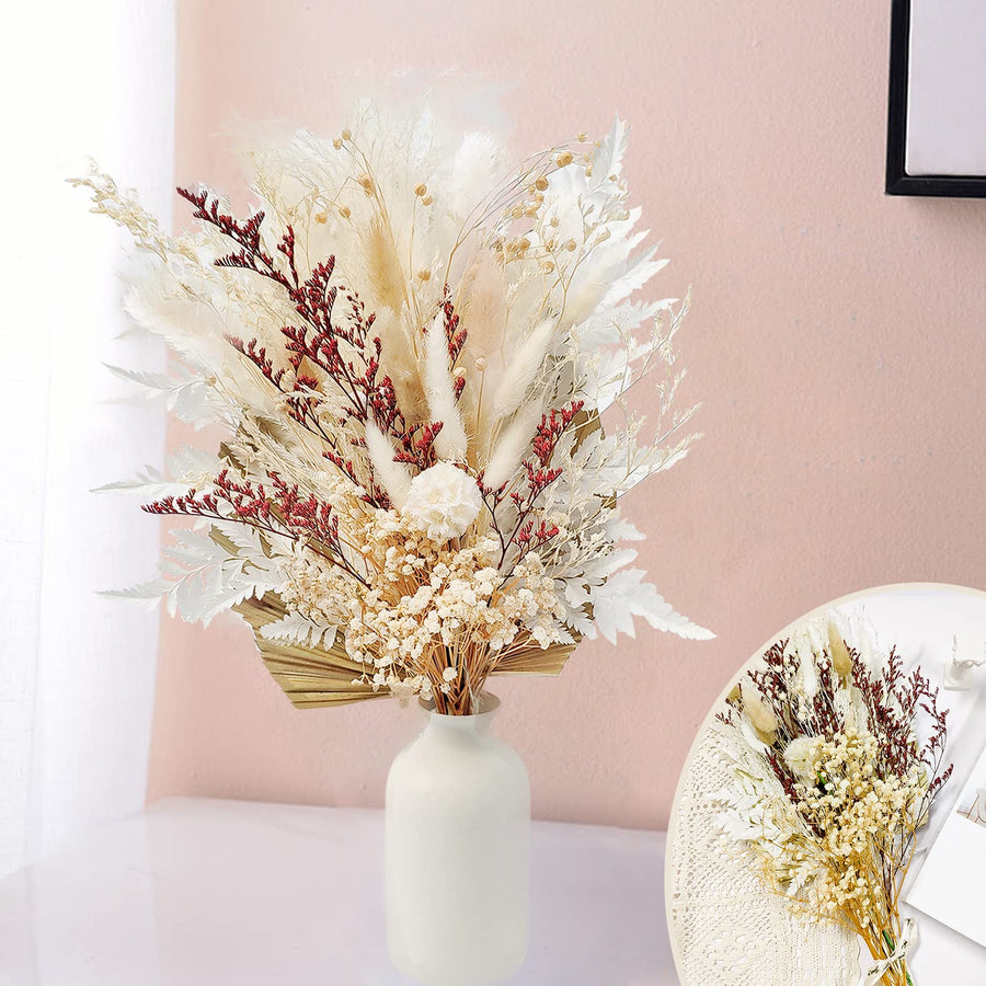 Pampas Grass, Natural Dried Pampas Grass, Dried Flowers Bouquet Arrangements for Home Wedding Decor (17/45cm Tall, D- Dried Pampas & Palm/Fern Leaf Bouquet)