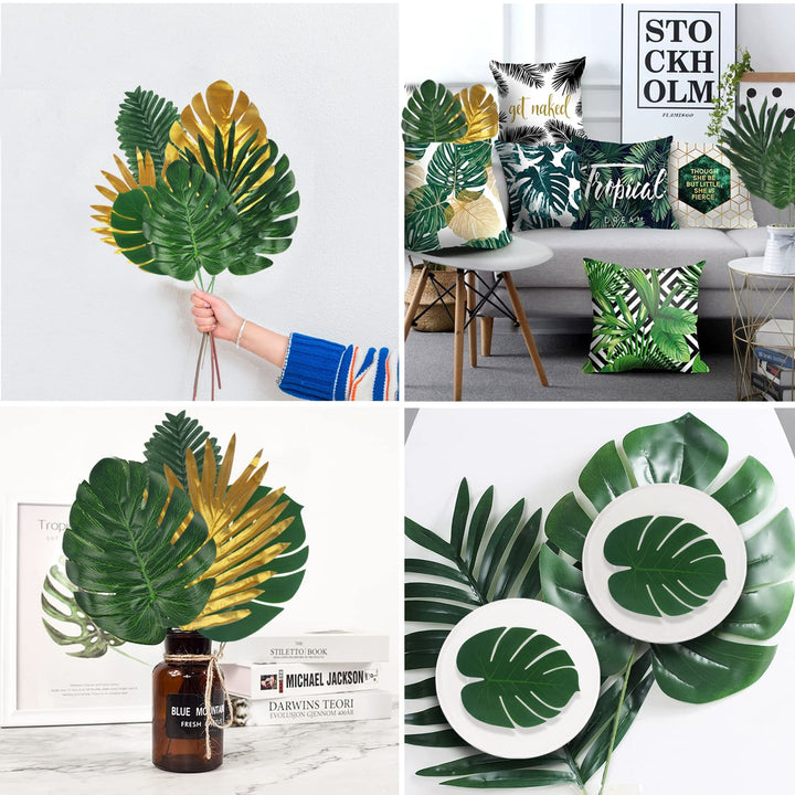 74 Pieces 9 Kinds Artificial Palm Leaves Golden Tropical with Stems Safari Jungle for Hawaiian Luau Party Beach Baby Shower Wedding Birthday Decorations (LYS01)