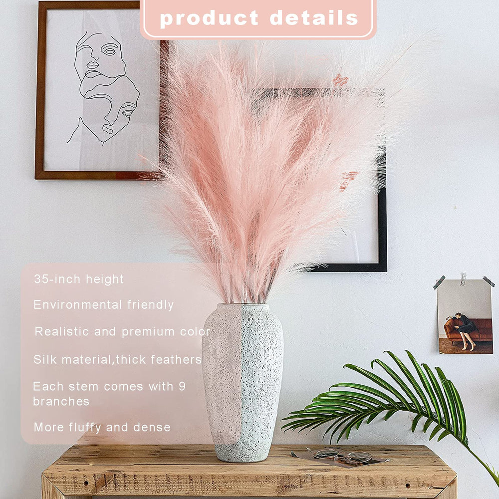 8Pcs 35.4” Pink Faux Pampas Grass Large Branches Boho Decor, Non-Shedding Fluffy Artificial Bulrush Floral Feathers, Tall Reed Fluffy Stems Vase Filler for Living Room Wedding Decoration