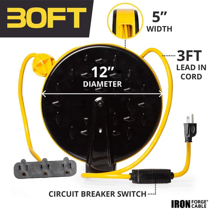 30Ft Retractable Extension Cord Reel with Breaker Switch &amp; 3 Electrical Power Outlets - 16/3 SJTW Durable Yellow Cable - Perfect for Hanging from Your Garage Ceiling