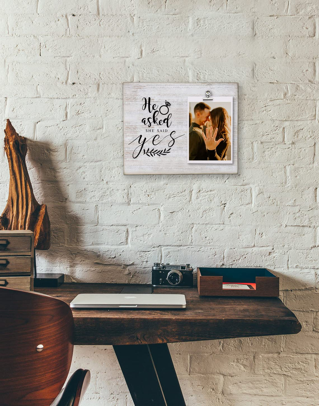 Wedding Engagement Wood Clip Picture Frame - He Asked and She Said Yes, Lovers Engraved Picture Frame Wedding Engagement Remembrance Gifts for Women Bride to Be, Frame Holds 4 X 6 Inches Photo