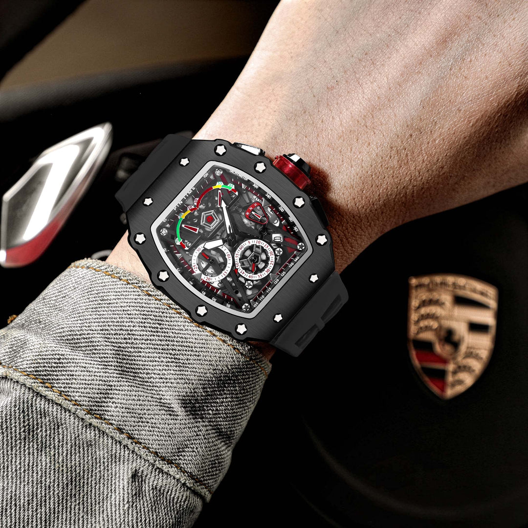 Mens Luxury Tonneau Square Watches Analog Punk Chronograph Unique Sports Wrist Watch Japanese Movement Luminous Design with Rubber Band (Black Black)