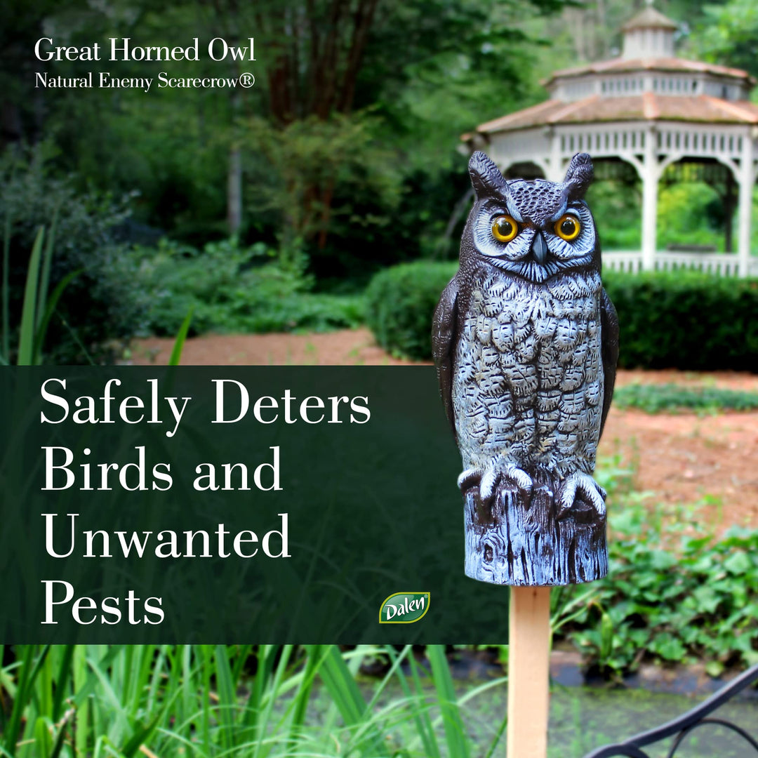 Fake Owl Decoy to Scare Birds Away from Gardens, Rooftops, and Patios - Scarecrow Provides Chemical-Free Pest Control - Safe and Humane, 16 Great Horned Owl