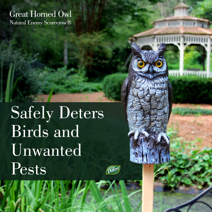 Fake Owl Decoy to Scare Birds Away from Gardens, Rooftops, and Patios - Scarecrow Provides Chemical-Free Pest Control - Safe and Humane, 16 Great Horned Owl