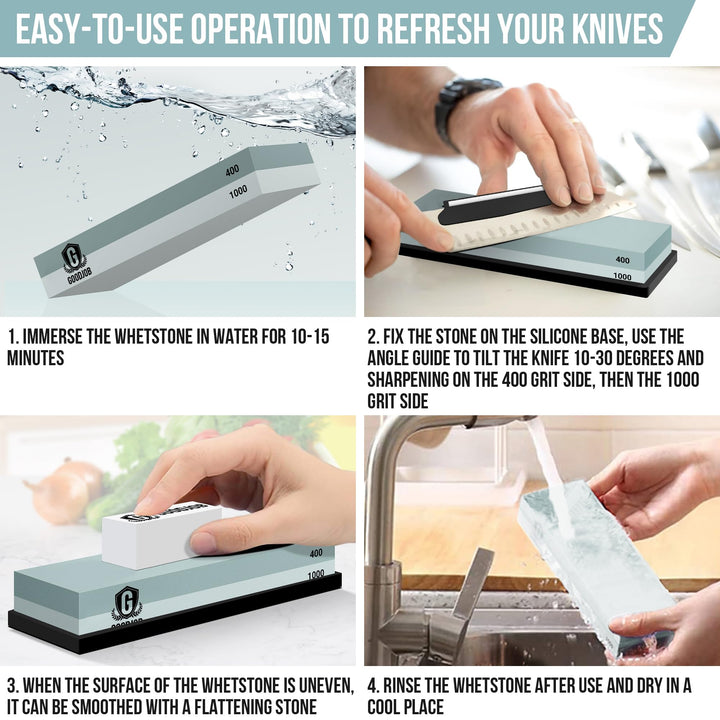 Knife Sharpening Stone Kit - Goodjob Premium Japanese Whetstone Knife Sharpener Stone Set - Dual Grit 400/1000 Water Stone with Non-Slip Silicone Base, Angle Guide, Flattening Stone