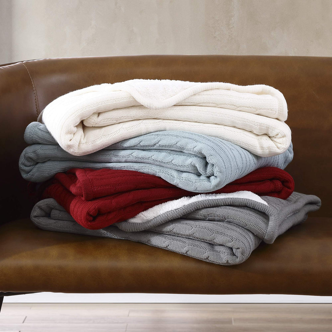 Cozy Cable Knit Throw Blanket - All Season Chic Thick Sweater Knitting for Couch Sofa Bed with Soft Sherpa Lining, Grey