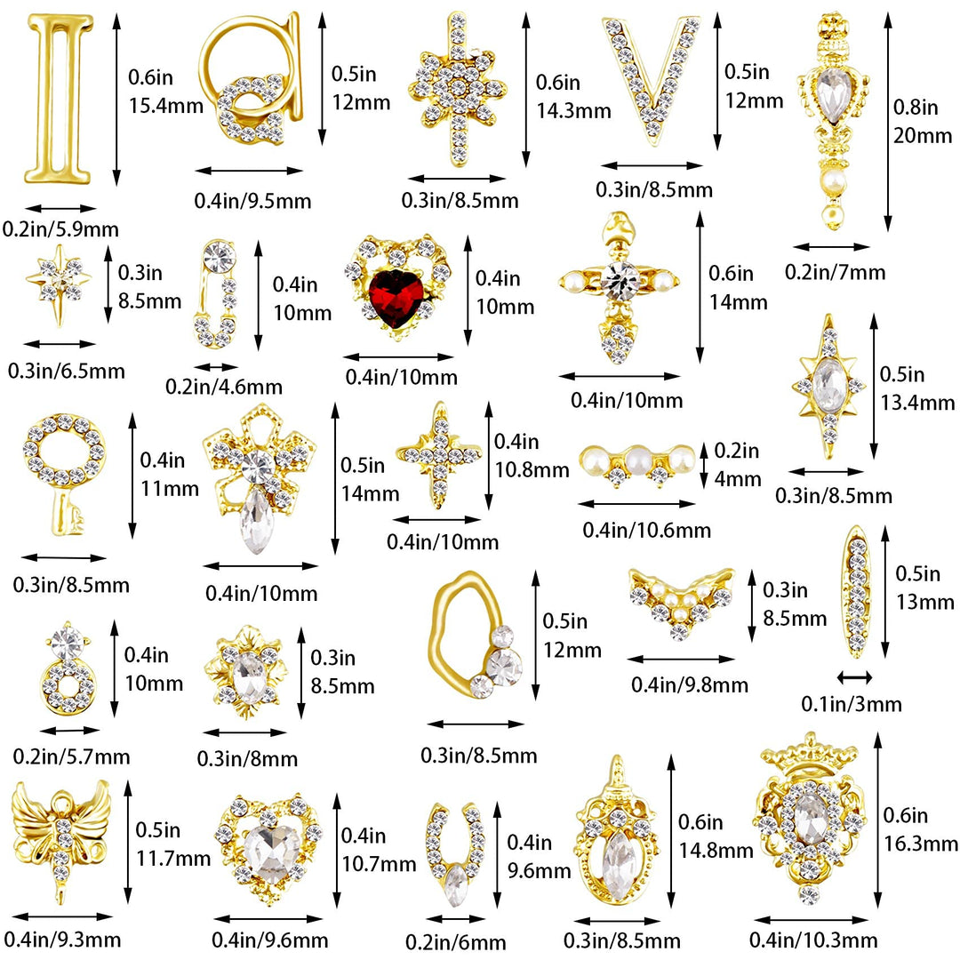 24x 3D Bling Rhinestones Nail Trims Studs Luxury Art Beauty Design Decoration, Gold Metal with Diamonds Gem Stones Various Styles Charms Manicure Nails Jewelry Making DIY Crafts Women Girls Xmas