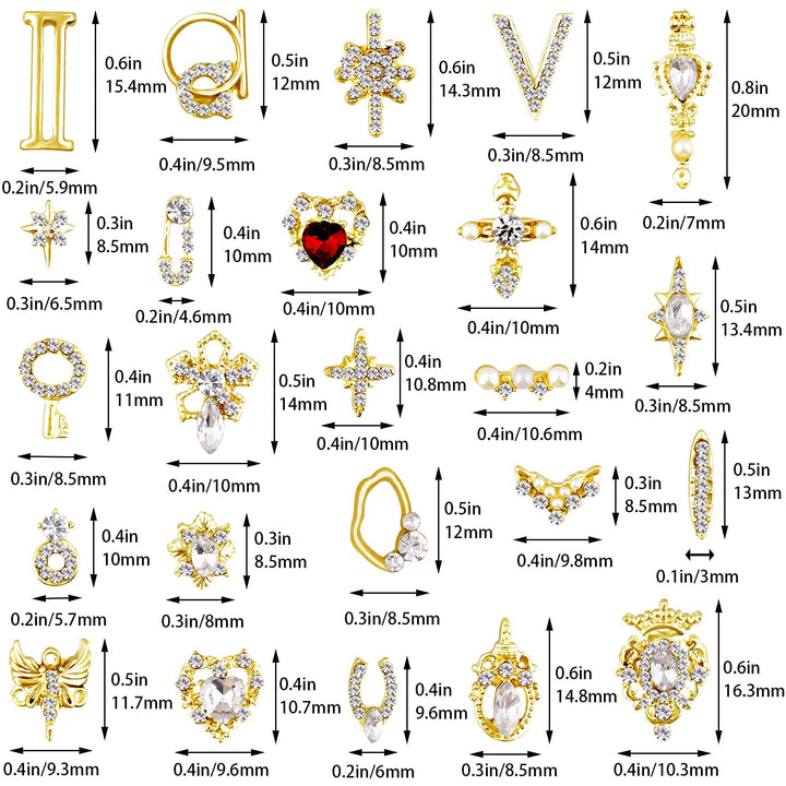 24x 3D Bling Rhinestones Nail Trims Studs Luxury Art Beauty Design Decoration, Gold Metal with Diamonds Gem Stones Various Styles Charms Manicure Nails Jewelry Making DIY Crafts Women Girls Xmas